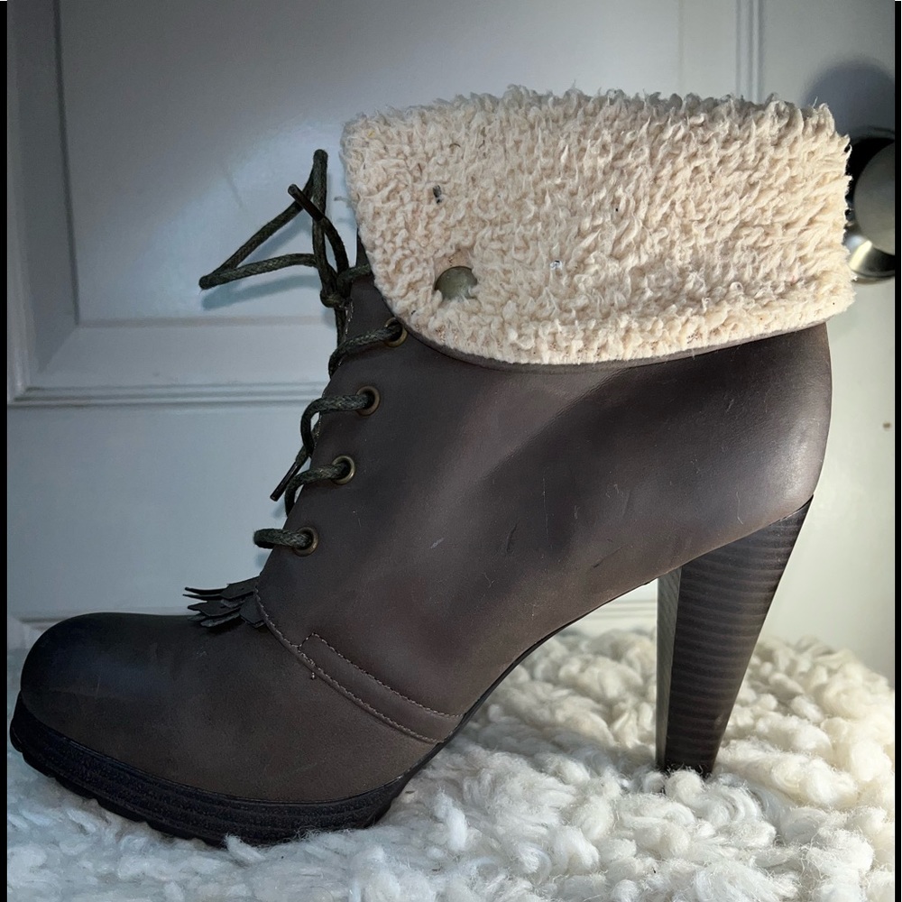 Lane Bryant Boot Women 8W Brown Faux Leather Sherpa Lined Heeled Winter/Fall